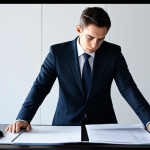 A professional individual, fully clothed in a modest, dark business suit, sits reflectively at a polished, modern office desk. Their posture is slightly slumped, and their gaze is directed towards a complex project blueprint or documents spread before them, conveying a deep sense of contemplation and the initial weight of a significant setback. The office environment is contemporary and clean, yet the light around the subject is subdued, emphasizing the internal moment of shock and introspection. The scene is captured with professional photography, high resolution, and soft, natural lighting. safe for work, appropriate content, fully clothed, professional dress, perfect anatomy, correct proportions, natural pose, well-formed hands, proper finger count, natural body proportions.