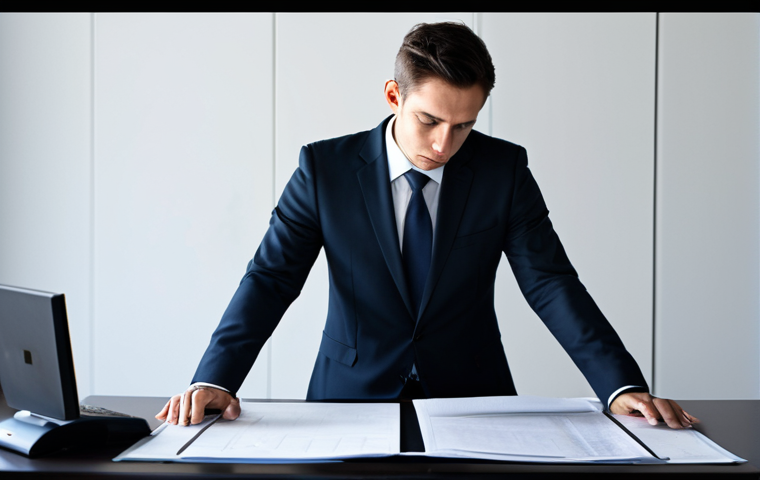 A professional individual, fully clothed in a modest, dark business suit, sits reflectively at a polished, modern office desk. Their posture is slightly slumped, and their gaze is directed towards a complex project blueprint or documents spread before them, conveying a deep sense of contemplation and the initial weight of a significant setback. The office environment is contemporary and clean, yet the light around the subject is subdued, emphasizing the internal moment of shock and introspection. The scene is captured with professional photography, high resolution, and soft, natural lighting. safe for work, appropriate content, fully clothed, professional dress, perfect anatomy, correct proportions, natural pose, well-formed hands, proper finger count, natural body proportions.