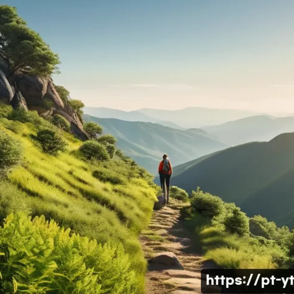 역경 속에서의 배움과 성장 - **Prompt:** A person stands confidently at the top of a winding, slightly overgrown path on a mounta...