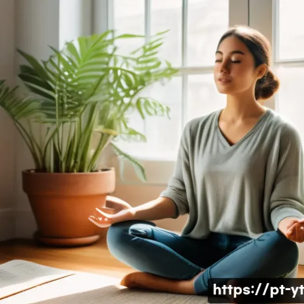 역경 후 성장 촉진을 위한 실질적인 계획 - A serene and inspiring scene of a young adult woman sitting cross-legged in a cozy, sunlit room fill...