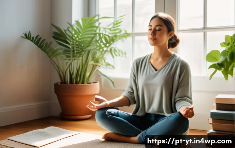 역경 후 성장 촉진을 위한 실질적인 계획 - A serene and inspiring scene of a young adult woman sitting cross-legged in a cozy, sunlit room fill...