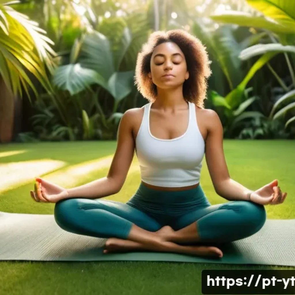 인내의 힘 역경을 딛고 일어서는 법 - A serene young Brazilian woman practicing mindful breathing meditation outdoors in a lush tropical g...