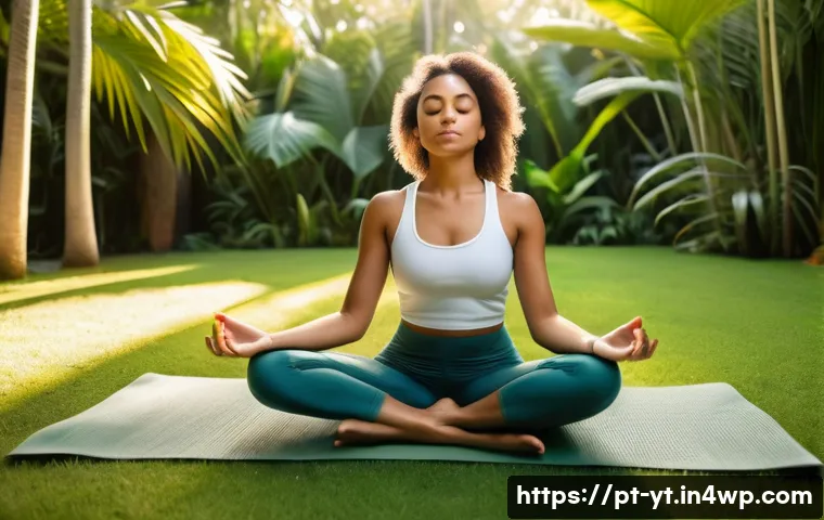 인내의 힘 역경을 딛고 일어서는 법 - A serene young Brazilian woman practicing mindful breathing meditation outdoors in a lush tropical g...