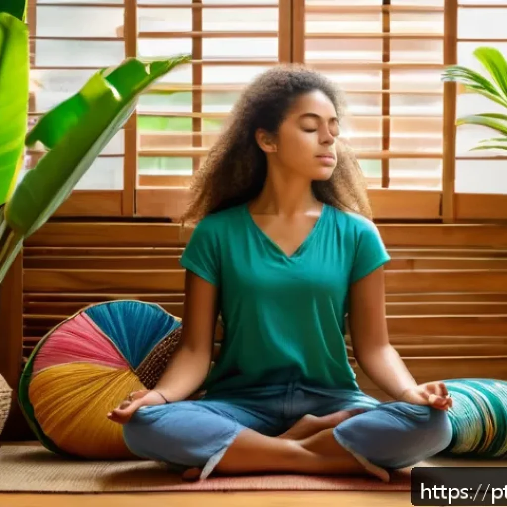 역경을 극복하는 심리적 기술 - A serene, cozy indoor scene featuring a young Brazilian woman practicing mindfulness meditation in a...