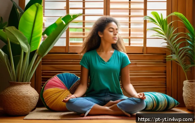 역경을 극복하는 심리적 기술 - A serene, cozy indoor scene featuring a young Brazilian woman practicing mindfulness meditation in a...