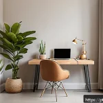 Home 21 역경 후 성장을 위한 단계별 접근법 - A serene home office bathed in natural light, featuring a neatly organized desk with a laptop, a sma...