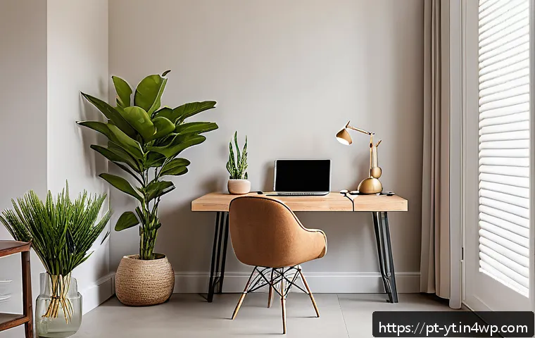 역경 후 성장을 위한 단계별 접근법 - A serene home office bathed in natural light, featuring a neatly organized desk with a laptop, a sma...