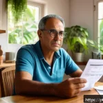Home 20 역경 후 성장을 위한 재정 관리 팁 - A middle-aged Brazilian man sitting at a wooden kitchen table, surrounded by bills and a laptop disp...