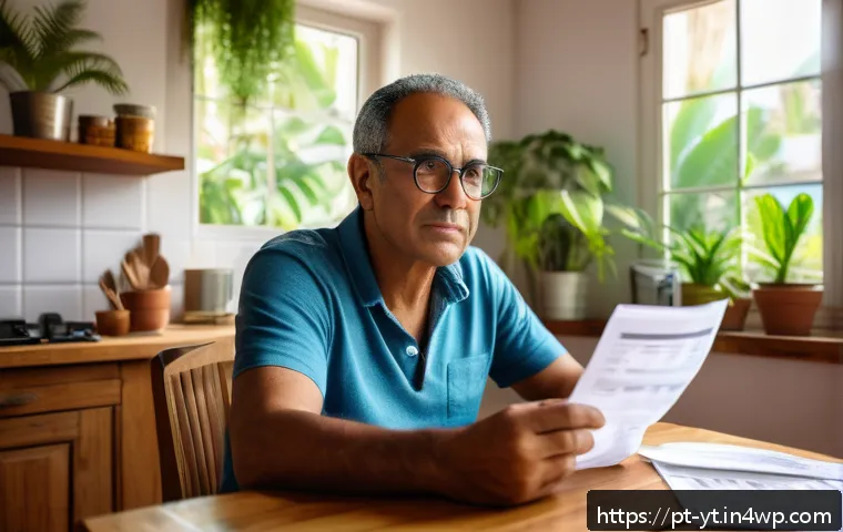 역경 후 성장을 위한 재정 관리 팁 - A middle-aged Brazilian man sitting at a wooden kitchen table, surrounded by bills and a laptop disp...