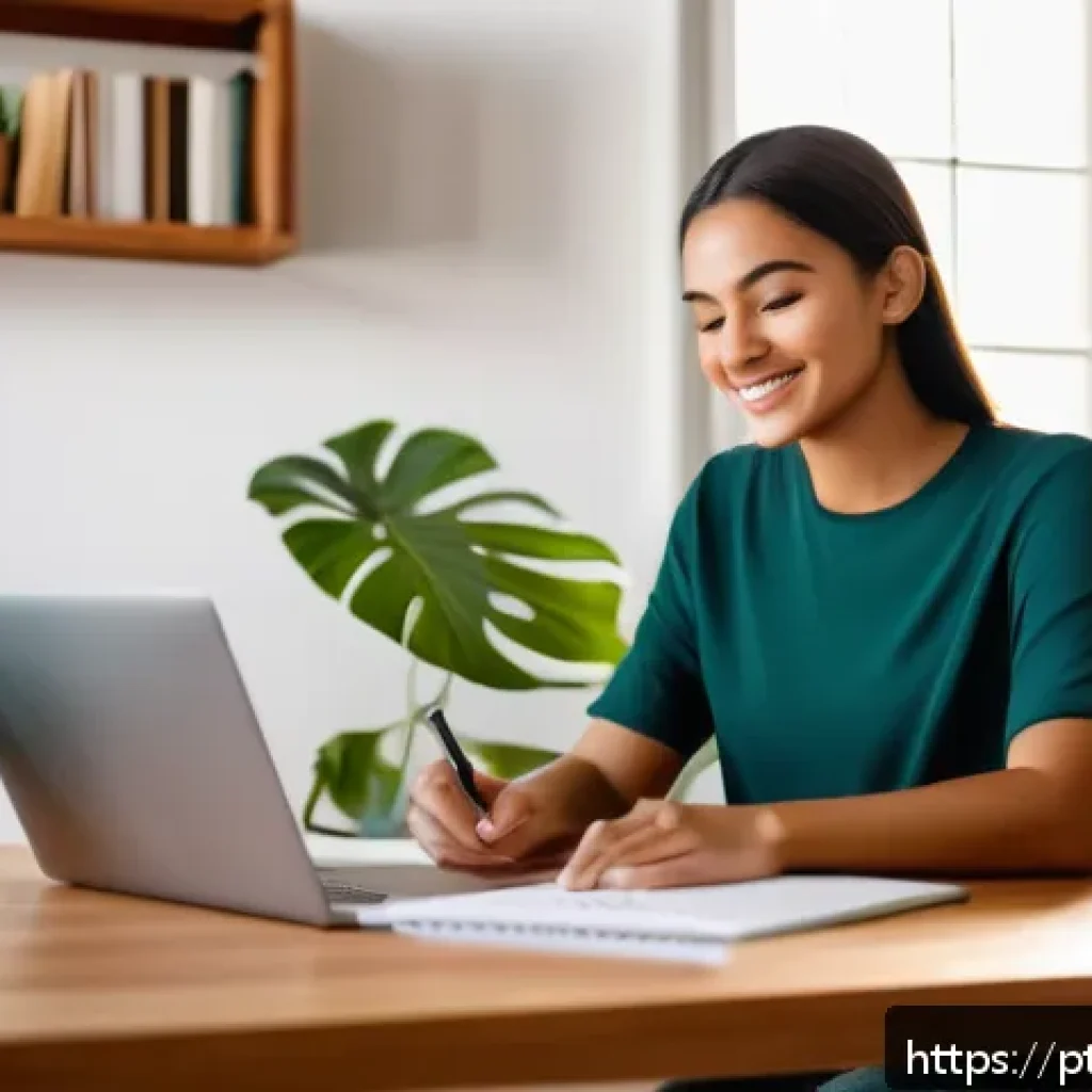 역경 후 새로운 가능성 모색하기 - A serene home office scene featuring a young adult woman of Brazilian descent sitting at a modern wo...
