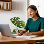 Home 19 역경 후 새로운 가능성 모색하기 - A serene home office scene featuring a young adult woman of Brazilian descent sitting at a modern wo...