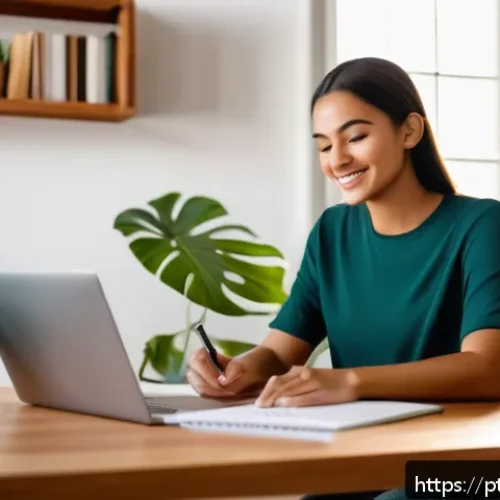 Home 31 역경 후 새로운 가능성 모색하기 - A serene home office scene featuring a young adult woman of Brazilian descent sitting at a modern wo...