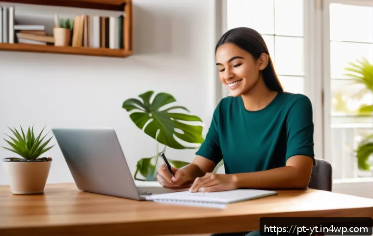 역경 후 새로운 가능성 모색하기 - A serene home office scene featuring a young adult woman of Brazilian descent sitting at a modern wo...
