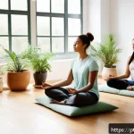 Home 23 극복의 순간을 기록하기 성장의 발판 - A serene and inspiring scene showing a diverse group of adults practicing mindfulness meditation tog...
