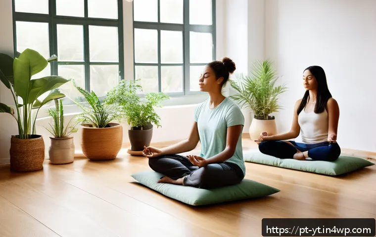 극복의 순간을 기록하기 성장의 발판 - A serene and inspiring scene showing a diverse group of adults practicing mindfulness meditation tog...