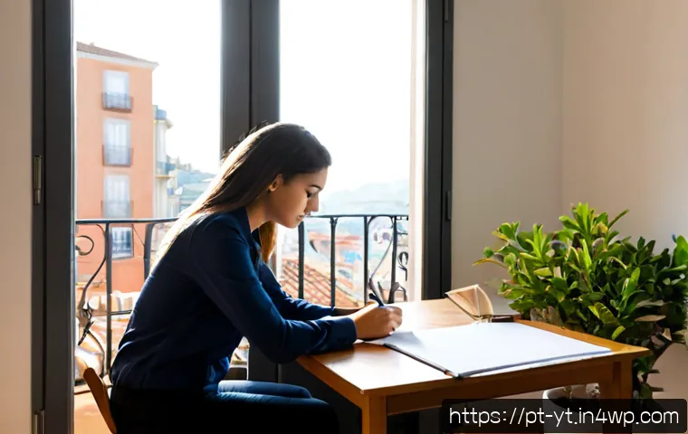 Home 17 실패를 성장으로 전환하는 방법 - Photorealistic Portuguese young professional in a bright Lisbon apartment workspace, calmly reviewin...