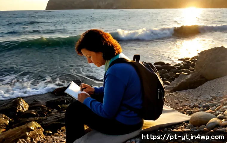 자기 성찰로 역경 극복하기 - Photorealistic middle-aged Portuguese woman sitting alone on a quiet Atlantic coastline at sunrise, ...